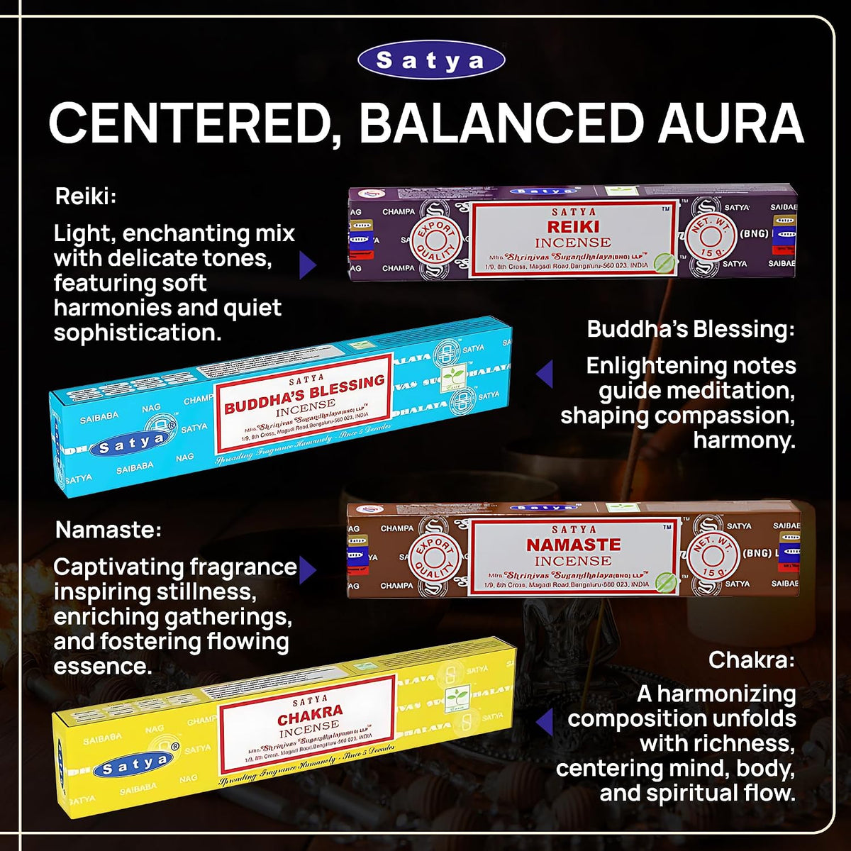 Satya Set of 12 Nag Champa Namaste Positive Vibes Tantra Buddha Blessing Aura Cleansing Chakra Pyramids Reiki Karma Spiritual Healing Traditional Ayurveda