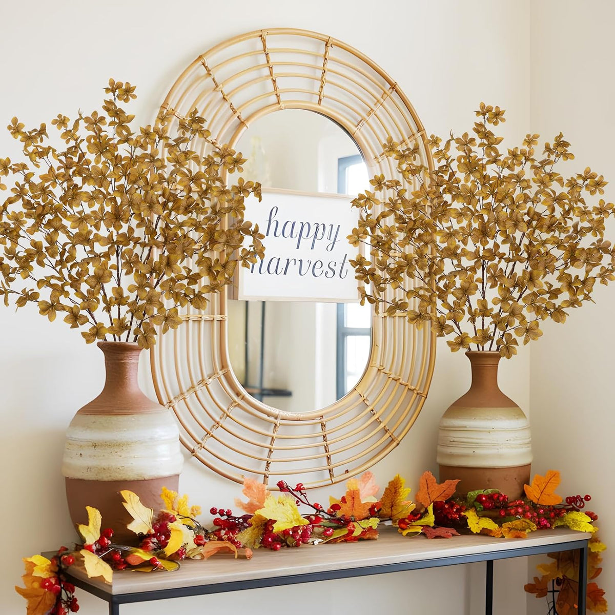 33.5" Long Artificial Fall Leaves Stems for Table Centerpieces, 5 Pcs Faux Fall Stems and Branches for Vase Filler, Falls Greenery Stems for Farmhouse Autumn Harvest Thanksgiving Decor, Deep Yellow