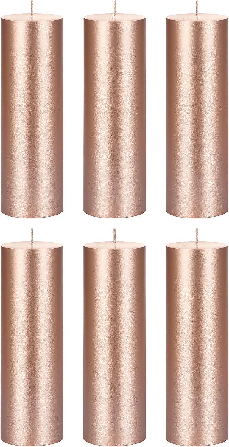Mega Candles 6 pcs Unscented Solid Rose Gold Pillar Candles, Hand Poured Premium Wax Candle 3 Inch x 9 Inch, Home Décor, Spas, Weddings, Occasions, Party, Centerpieces, Holidays, Vigils, Prayers