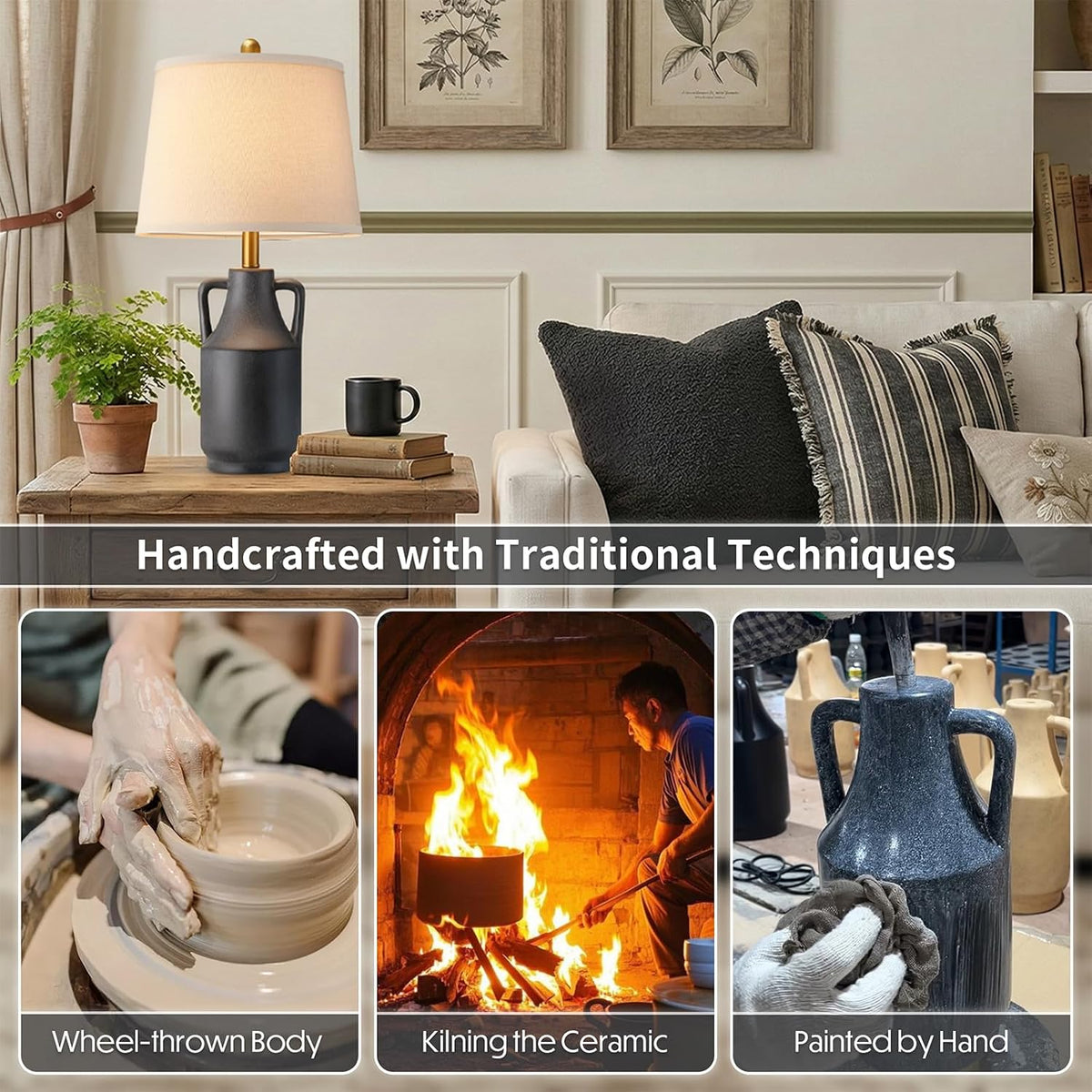 Lovlast 26" Farmhouse Black Ceramic Table Lamp for Bedroom Living Room