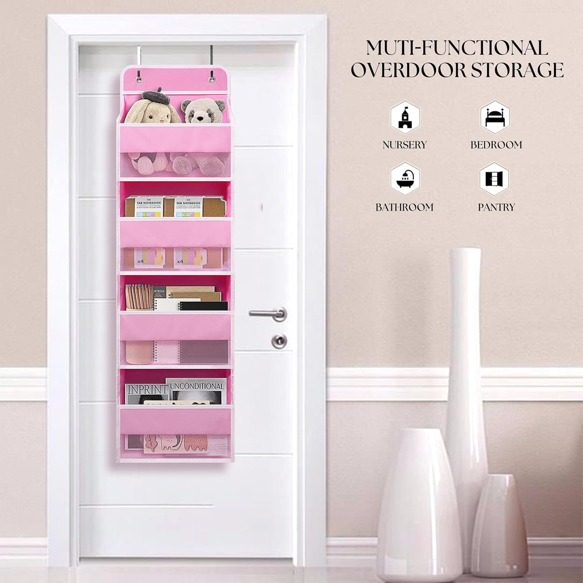 TYMENSH Over the Door Organizer for Bedroom Bathroom Pantry, 4 Shelf Pink