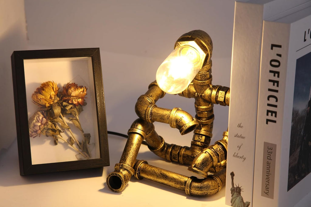 Steampunk Decor Table Lamp for Men Unique Creative Robot Style Desk Lamp,Vintage Industrial Metal Pipe Water Pipe Light, Home Decor Ideal for Bedrooms,Study. (Bronze A)