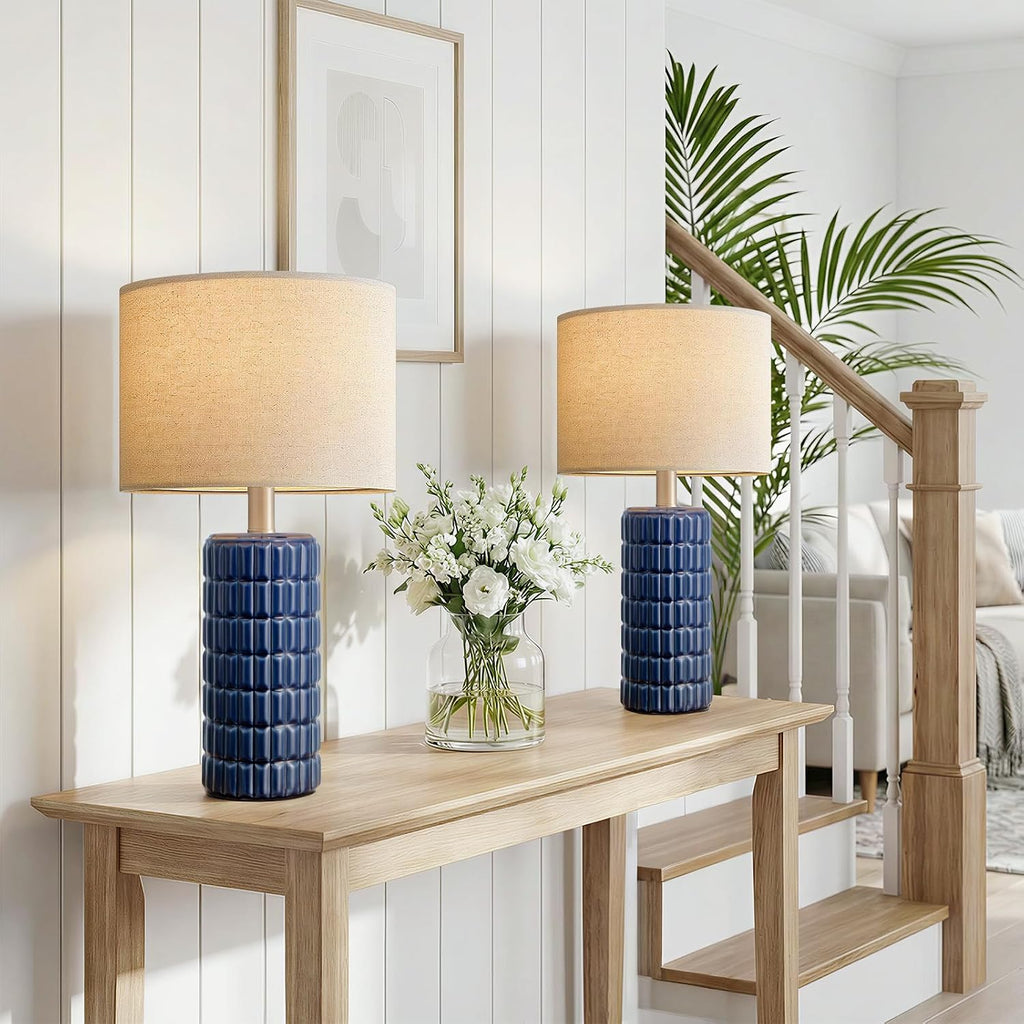 Seealle 23" Modern Ceramic Table Lamps Set of 2, Lamps for Bedroom, Blue