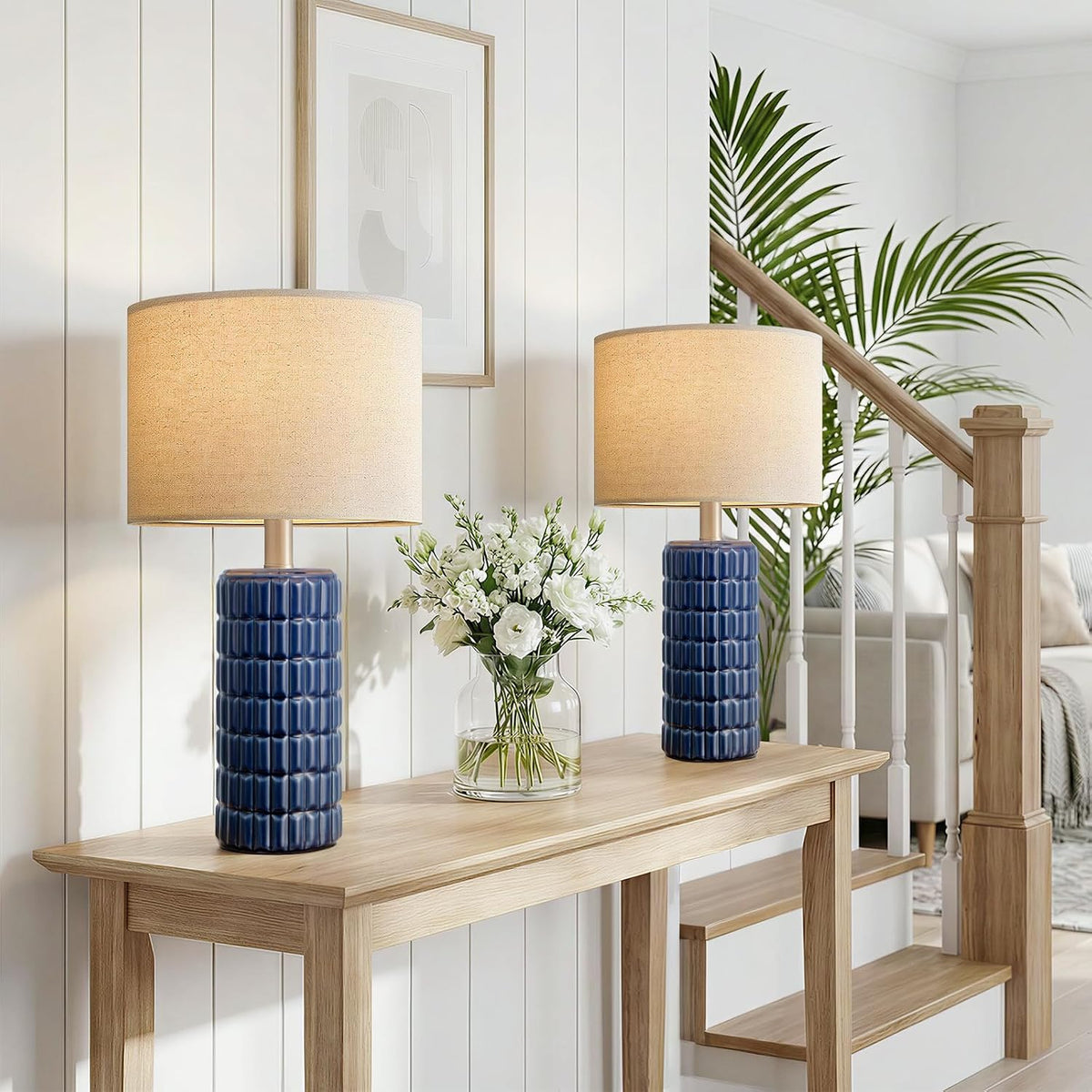 Seealle 23" Modern Ceramic Table Lamps Set of 2, Lamps for Bedroom, Blue