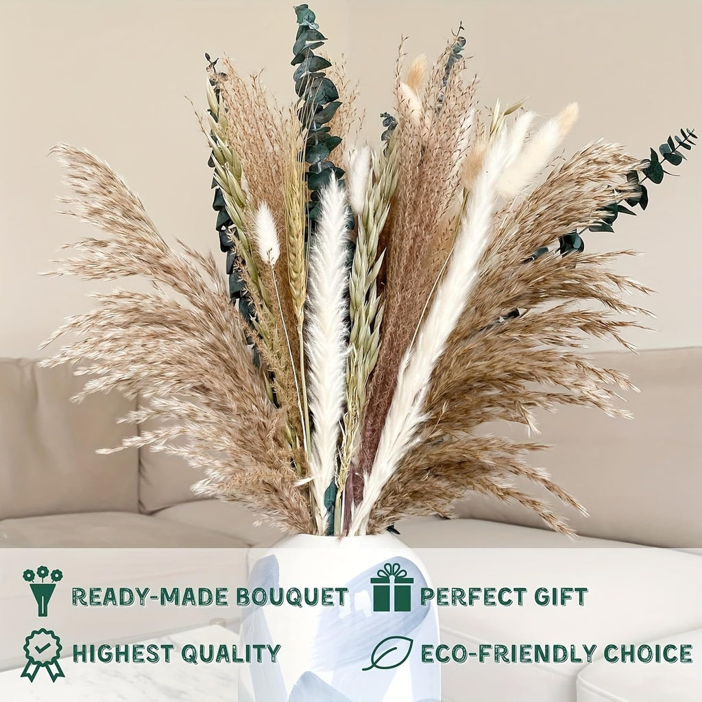 100-Piece Dried Pampas Grass Bouquet – Mixed Natural Tones in Beige, White, Black, and Green – Decorative Floral Set for Holiday, Seasonal, and Everyday Home Decor (17 in) (Beige White Black Green)