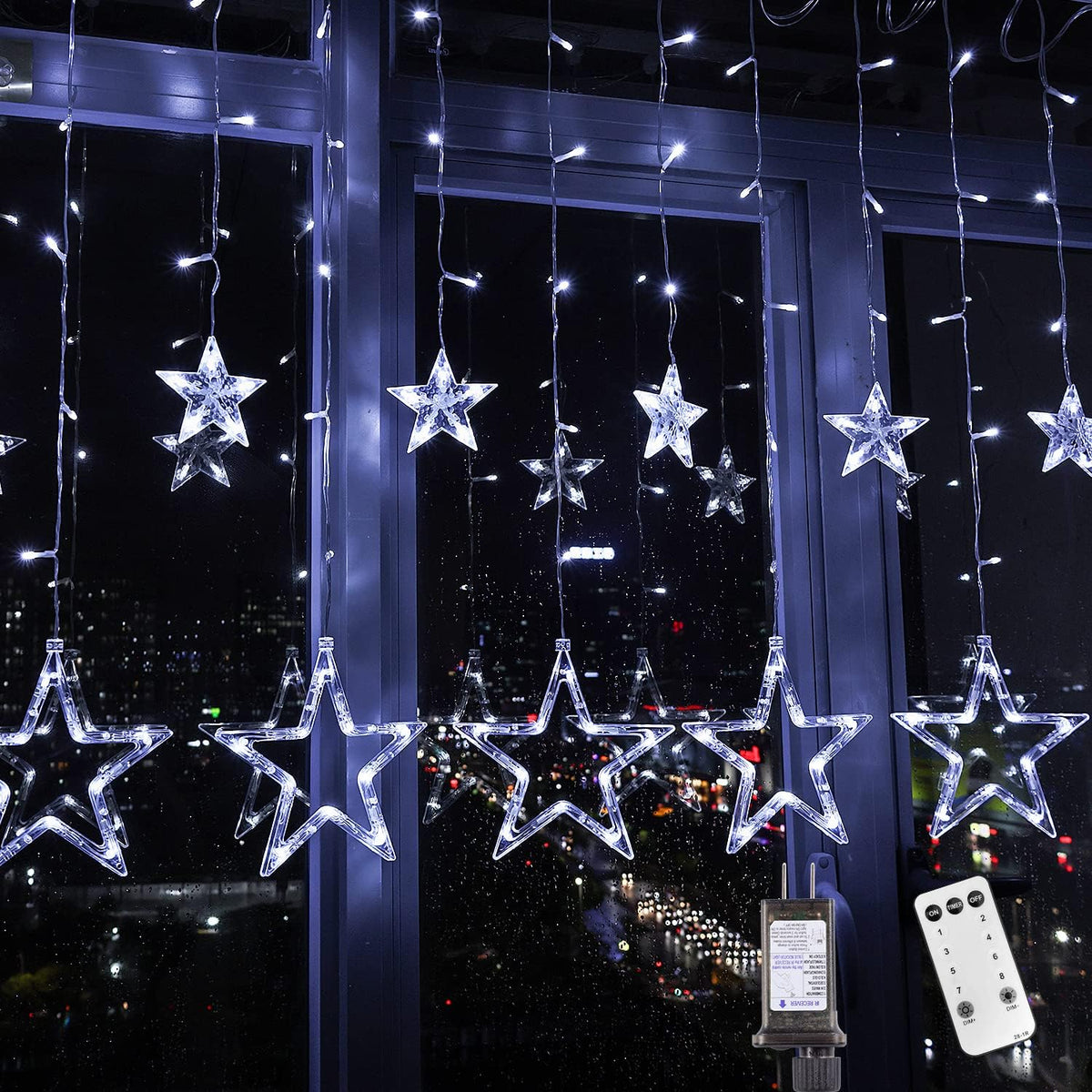 Blingstar Star Curtain Lights - 138 LED 12 Star Lights, 8.2ft Extendable, 8 Modes, Remote, Cool White