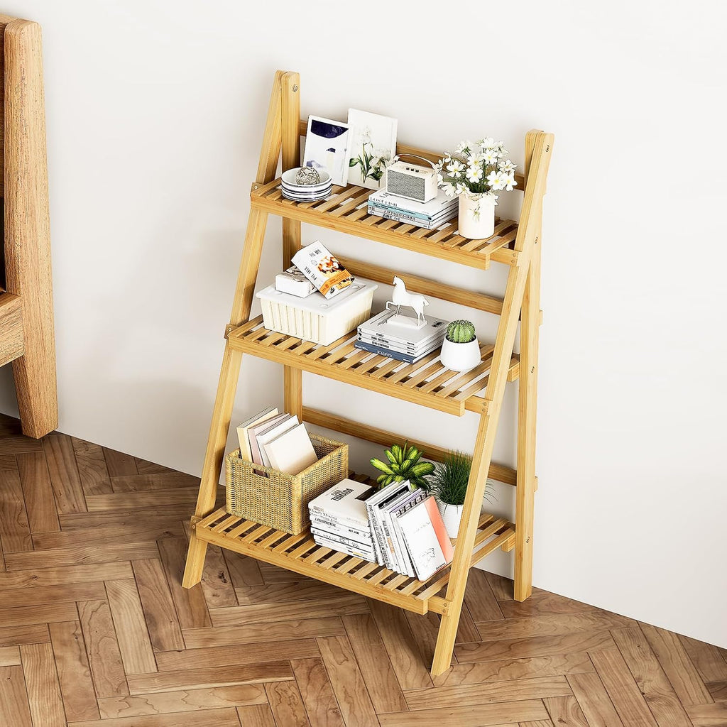 Foldable Ladder Shelf 39.4", Plant Shelf 3 Tier, Bamboo Ladder Bookshelf