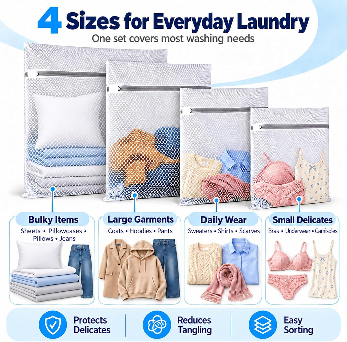 4Pcs Durable Honeycomb Mesh Laundry Bags for Delicates Reusable Wash Bag(1XX-Large 24 x 24 Inches,1X-Large 20 x 24 Inches,1 Large 16 x 20 Inches, 1 Medium 12 x 16 Inches)