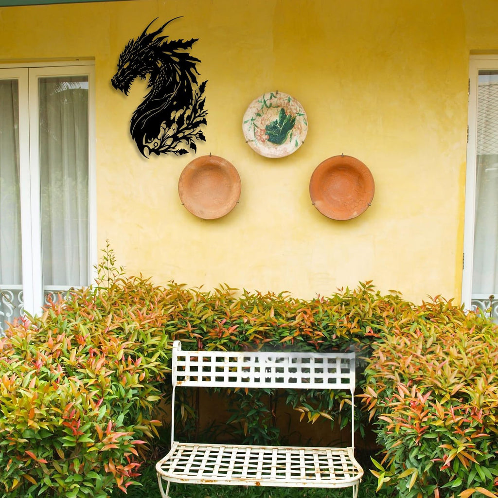LIYOUYA Dragon Metal Wall Decor - Man Cave Decor Fantasy Room Decor Flower Wall Art Home Decor for Living Room, Bedroom, Office,Courtyard, Patio, Outdoor (Black)