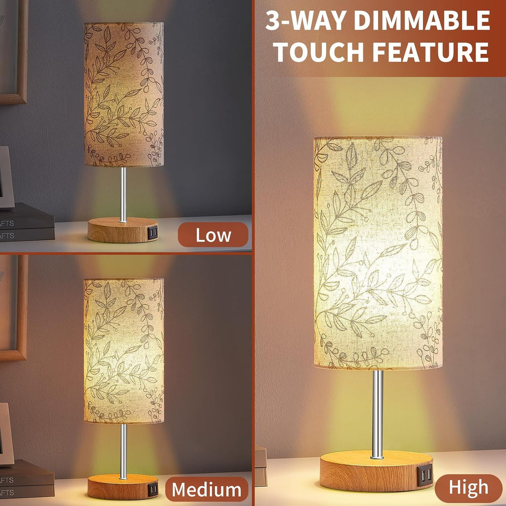Bedside Touch Lamp, Wood Small Table lamp for Bedroom with 2 USB Charging Ports & Flower Fabric Shade, 3-Way Dimmable Nightstand Lamps for Living Room Office Reading Desk Home Dorm(LED Bulb Included)