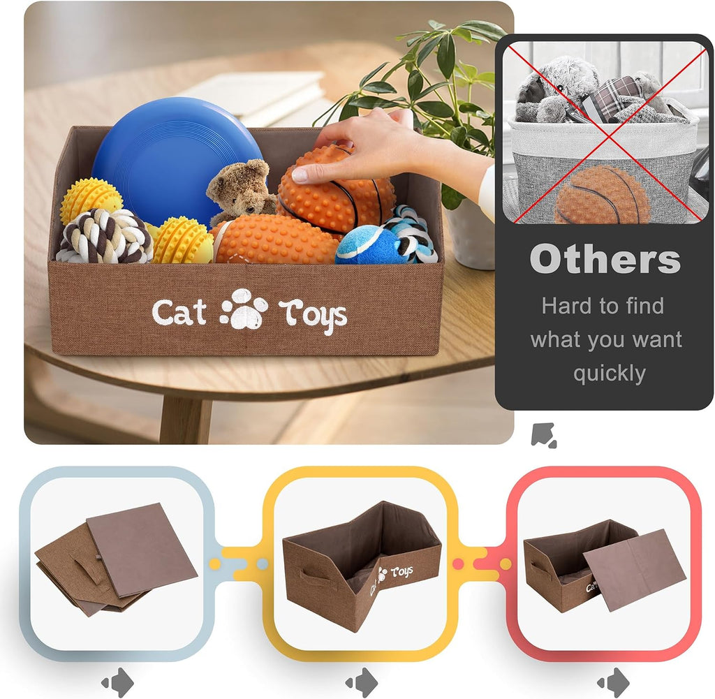 2X Thicker Large Cat Toy Bin - Collapsible Box, Sturdy Basket, Kitten Storage Bed for Organizing Toys, Treats, Clothes and Accessories (Brown)