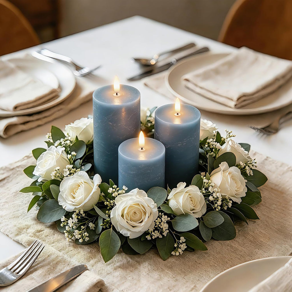 Dusty Blue Flameless Candles with Remote Timer, Battery Operated, Set of 3
