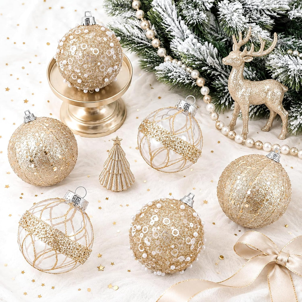 XmasExp Christmas Ball Ornament Set-Shatterproof Clear Pastic Tree Decorations Xmas Hanging Ornament for Xmas Party (Champagne Gold, 70mm/2.75")