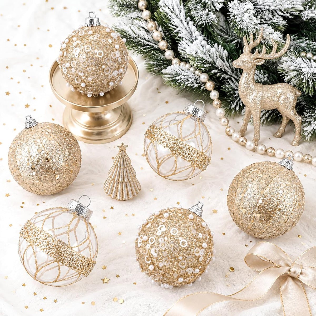 XmasExp Christmas Ball Ornament Set-Shatterproof Clear Pastic Tree Decorations Xmas Hanging Ornament for Xmas Party (Champagne Gold, 70mm/2.75")