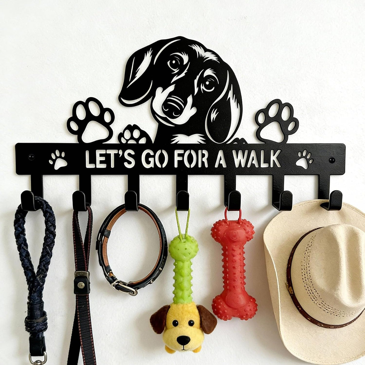 Cute Small Black Metal Dachshund Key & Dog Leash Holder for Wall