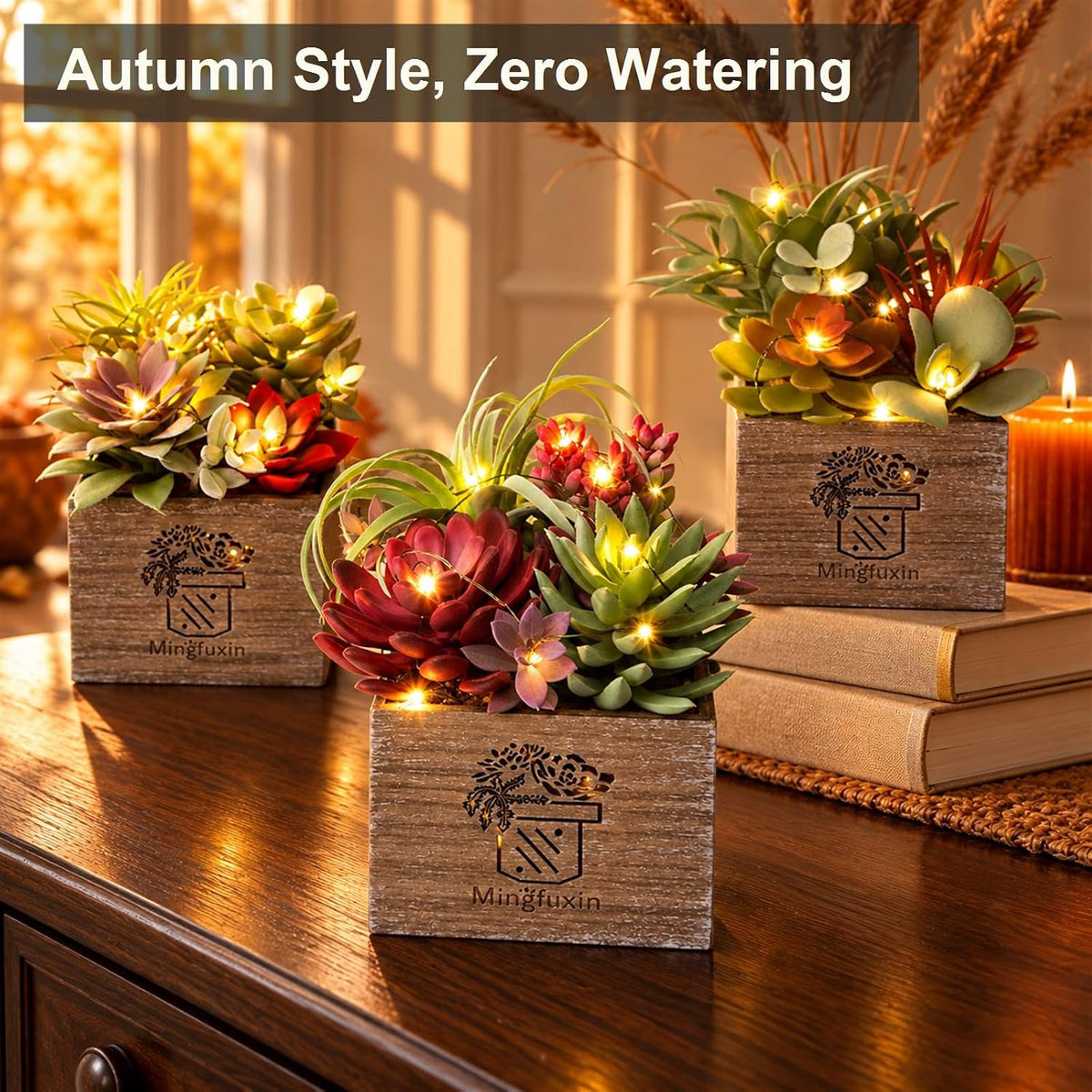 Succulents Plants Artificial with Light for Home Office Decor 3 Pack