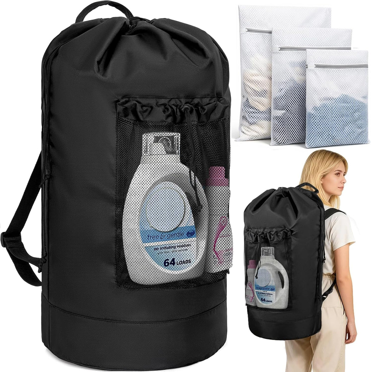 180L Laundry Bag Backpack with 3 Sizes Mesh Wash Bags and Shoulder Straps