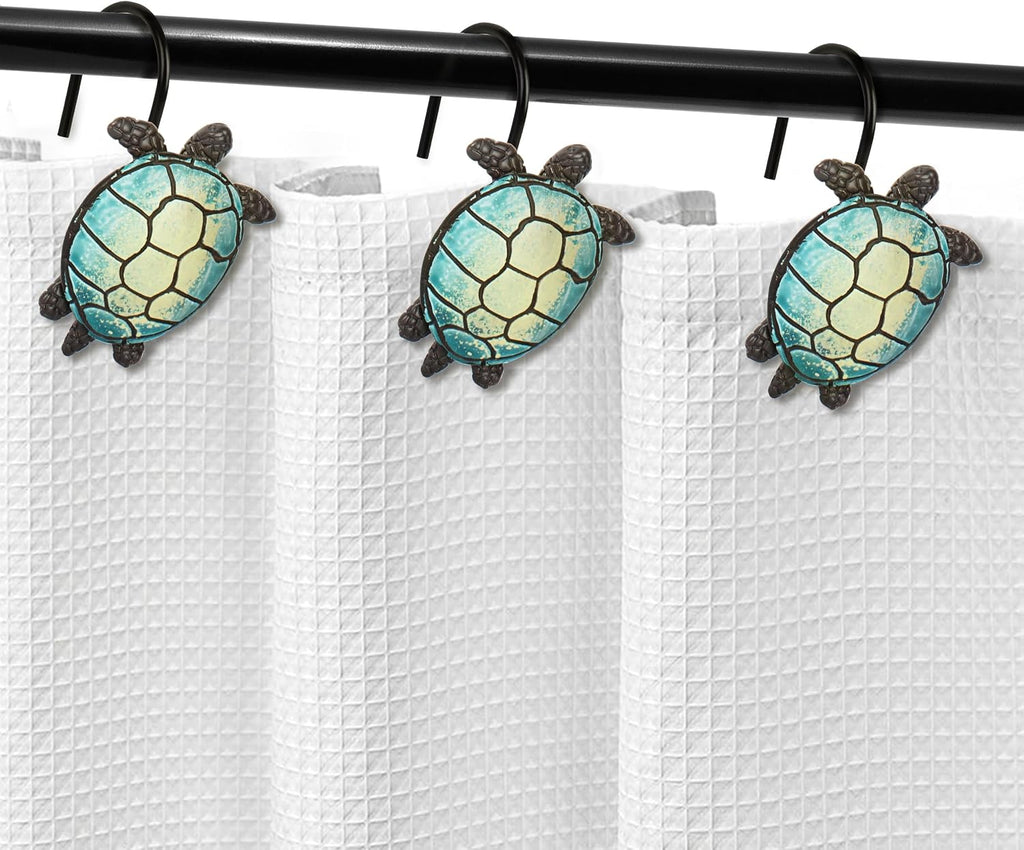 Sunlit Tilt Sea Turtle Shower Curtain Hooks, Home Decorative Shower Curtain Rings with Black Hooks for Bathroom, Resin, Ocean Shower Curtain Hanger Hooks for Kid Room Living Room, Set of 12
