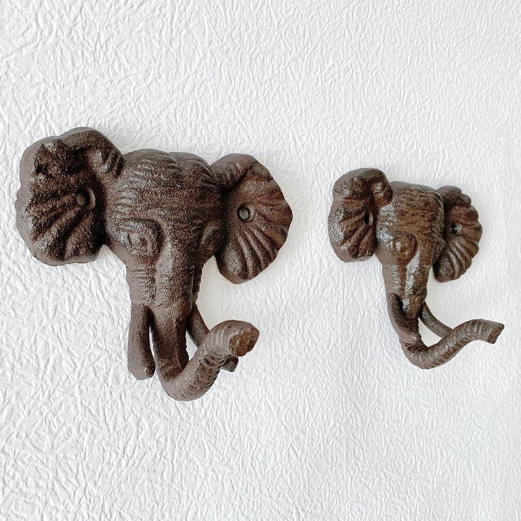 Rustic Elephant-Shaped Decorative Wall Hook Rack Hangers for Hanging Clothes, Coats, Towels, Keys, and Hats, 2-Pack Antique Cast Iron Mounted Wall Hooks