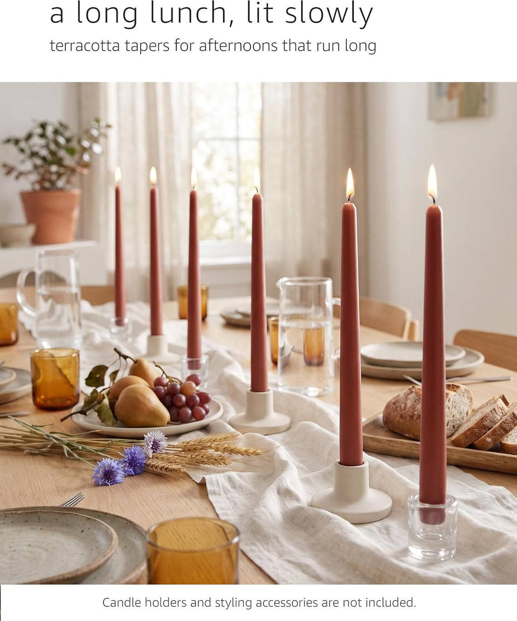 10" Classic Taper Candles, Terracotta, 12-Pack, 7-8 Hours Long Burning, Unscented Tall Candlesticks