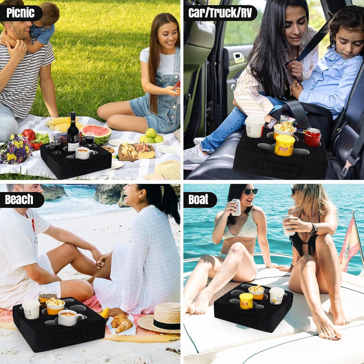 Couch Cup Holder Pillow Tray - Sofa Drink Cup Holder Cozy Buddy | Bed Caddy Organizer for Remote, Snacks Beverage, Phones, Tablet | Use it on Car, Pack, Beach, RV, Boat, Bedroom (Black)