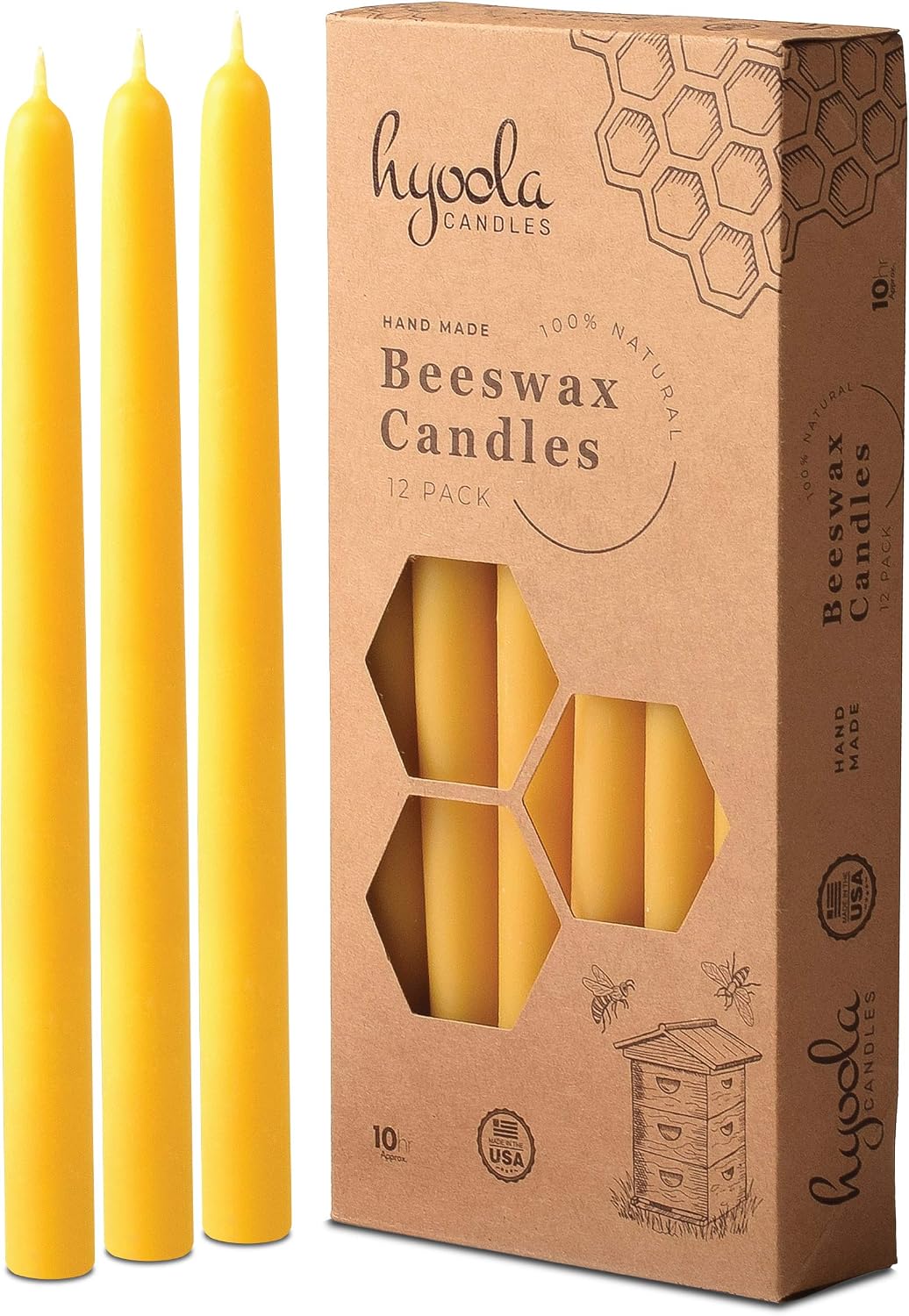 Hyoola 10 Inch Beeswax Taper Candles - 12 Pack - Handmade, All Natural, 100% Pure Unscented Bee Wax Candle - Tall, Decorative, Golden Yellow - 10 Hour Burn Time