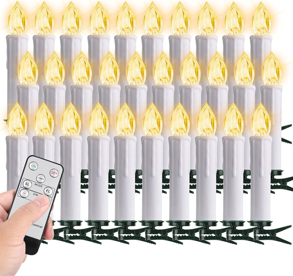 FPOO 30 pcs Christmas Tree Candles with Clips, 4''Taper Candle Stick with Remote Timer and dimmable, Waterproof White Flameless Mini Window Candle Battery Operated for Trees Wreath