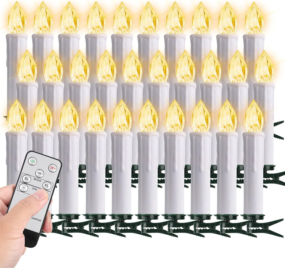 FPOO 30 pcs Christmas Tree Candles with Clips, 4''Taper Candle Stick with Remote Timer and dimmable, Waterproof White Flameless Mini Window Candle Battery Operated for Trees Wreath
