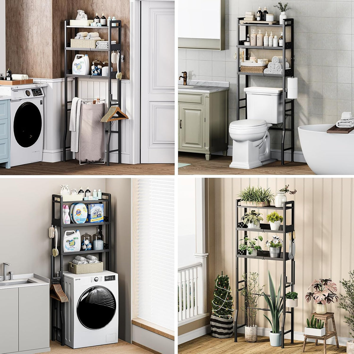 Over the Toilet Storage Shelf 3-Tier Adjustable Bathroom Organizers and Storage Shelves Bathroom Rack Above Toilet Storage with Paper Holder and 4 Hooks Space Saver Storage for Laundry