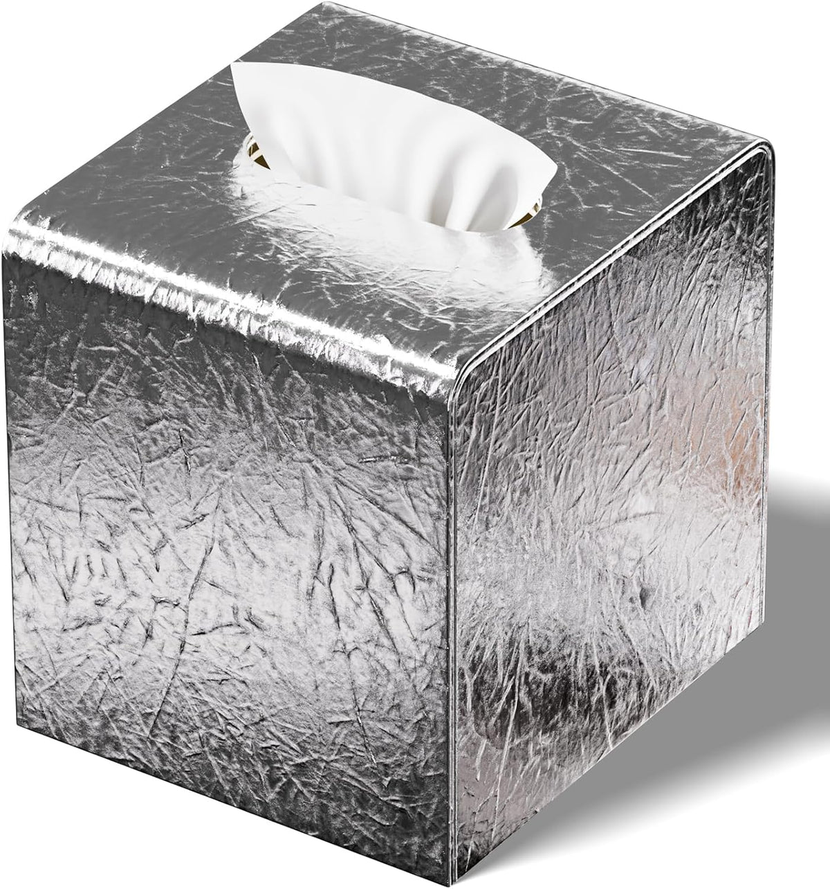 Silver Tissue Box Cover,Square Leather Tissue Box Cover with Magnetic Closure,Tissue Vessel for Bathroom Toilet Bedroom Living Room Table Desk Office,Modern Home Decor