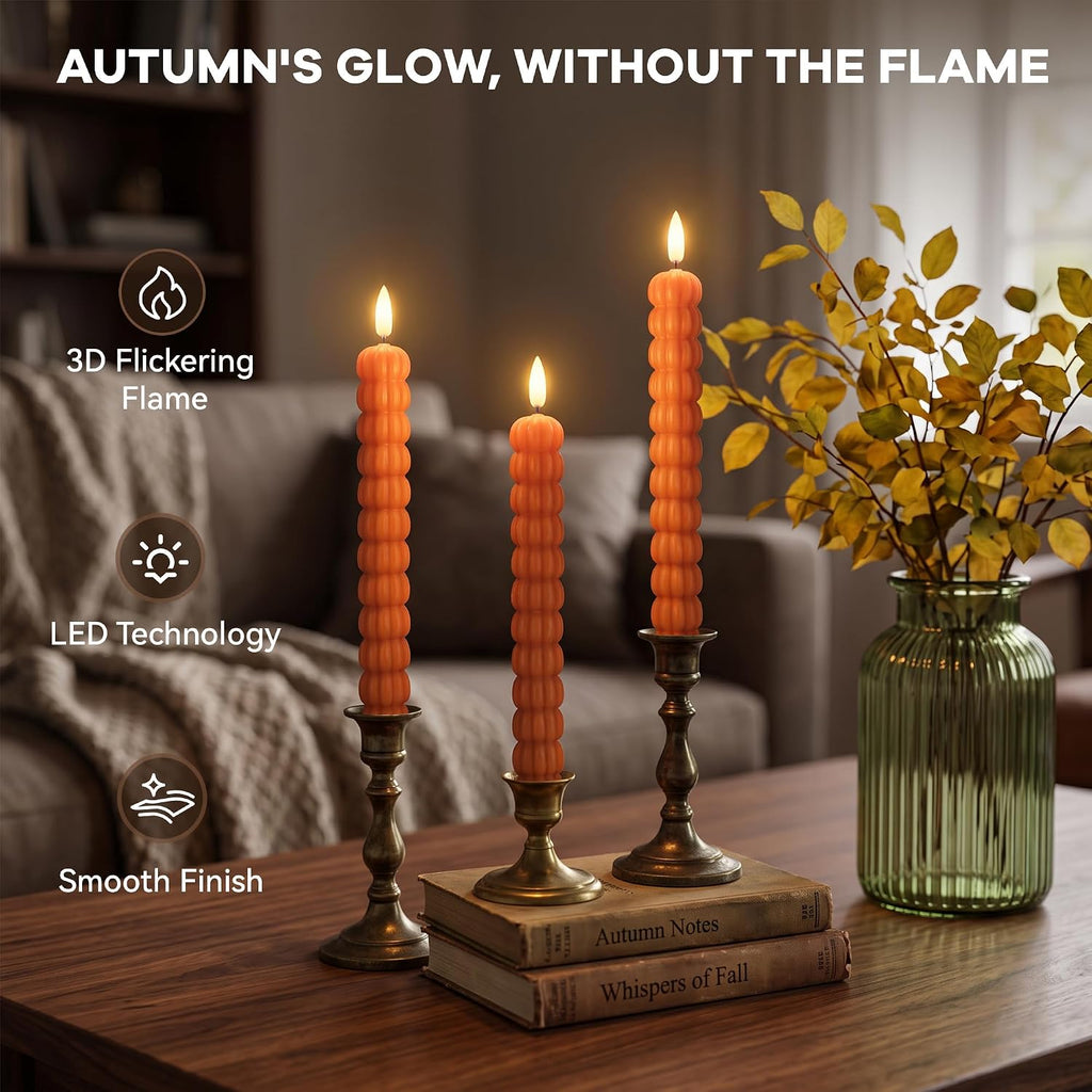Pumpkin Taper Candles, Fall Flameless Candles, Halloween, Orange, Set of 3
