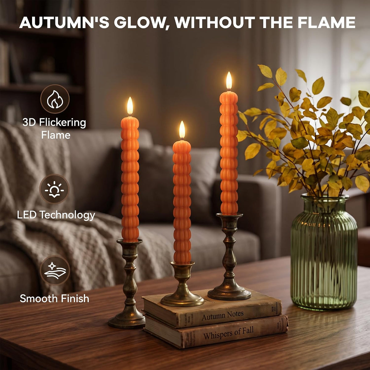 Pumpkin Taper Candles, Fall Flameless Candles, Halloween, Orange, Set of 3