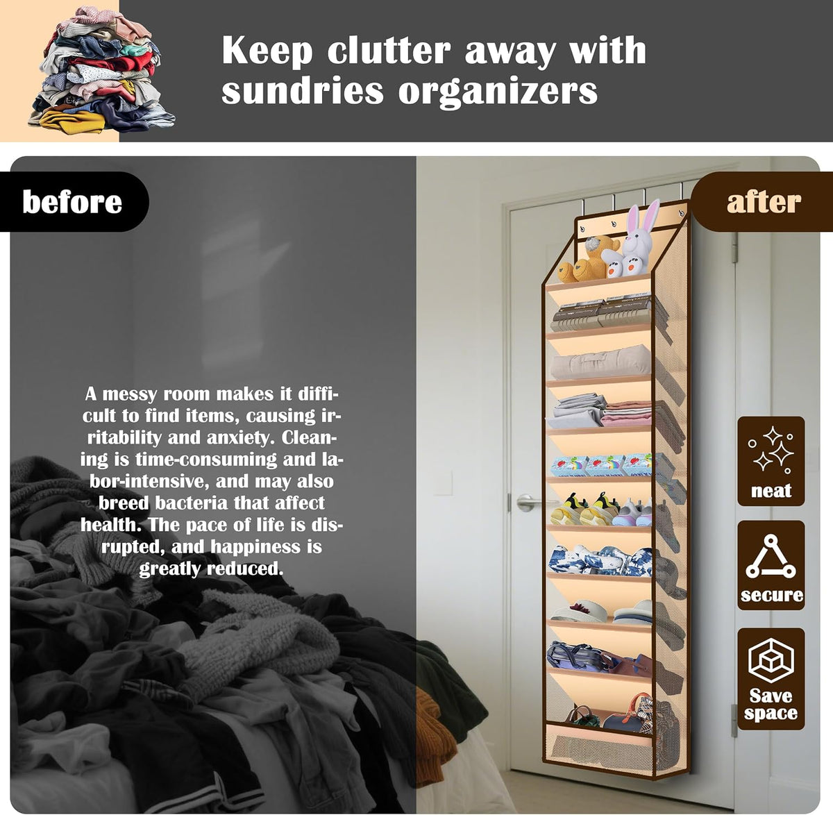 10 - Pocket Over - the - Door Hanging Shoe Organizers & Rack, Made of Sturdy 600D Oxford + Non - Woven Fabric, Space - Saving Storage for Shoes, Boots & More (Cream-colored)