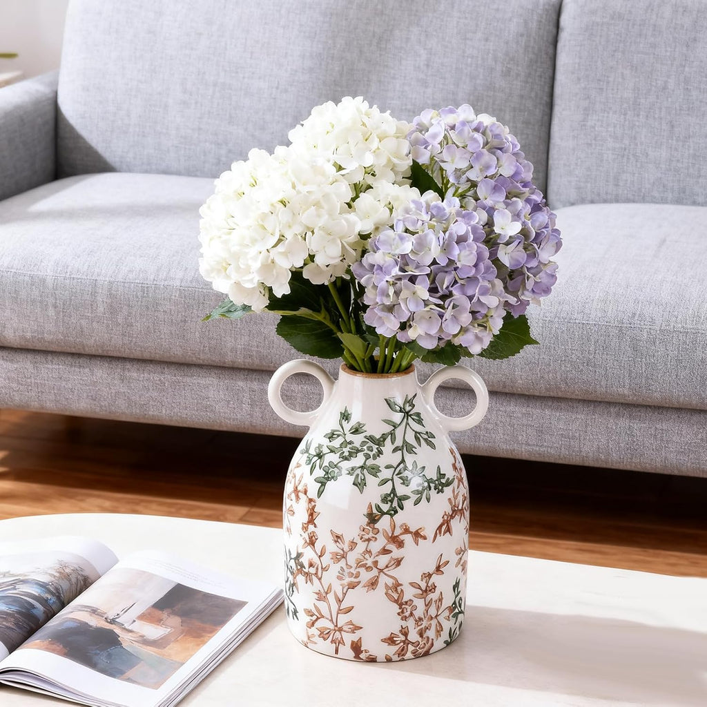 Green Floral Ceramic Vase with Handle, Nordic Boho Small Vases Side Table Flower Centerpiece, Wide Mouth Single Flower Vase Pampas Grass Decorative - for Home Window Sill Living Dining Room Kitchen