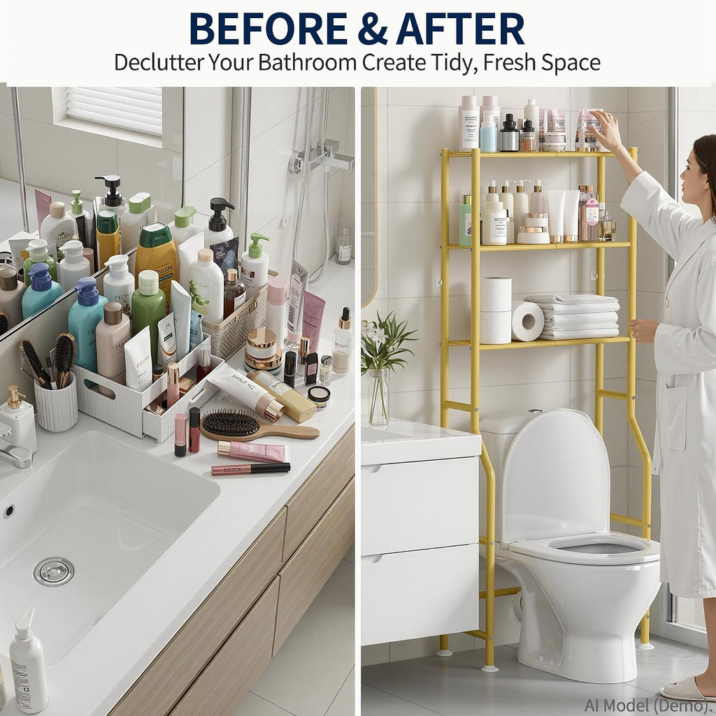 Livilord 3-Tier Over The Toilet Storage Rack, Space Saver Metal Bathroom Shelves, Freestanding Over Toilet Bathroom Organizer for Bathroom/Living Room (Gold)