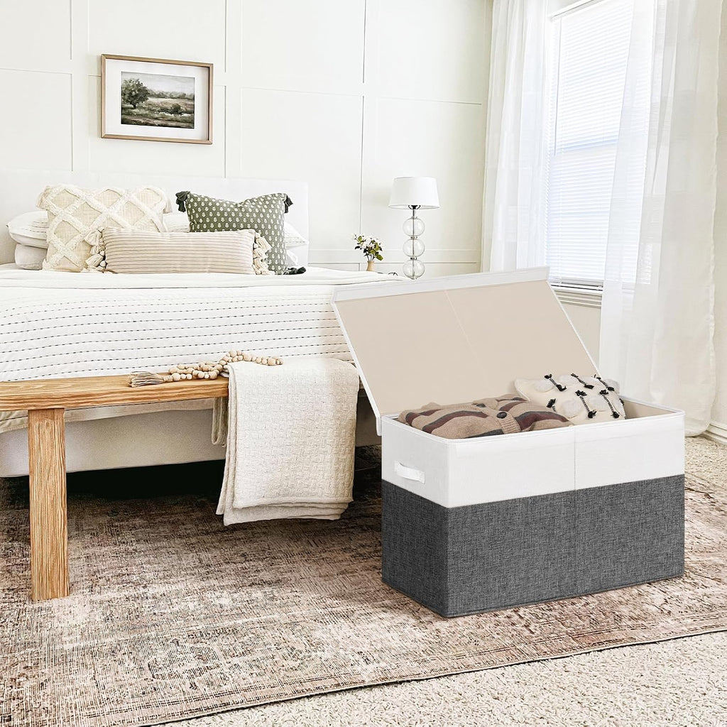 INDRESSME 85L Large Toy Storage Box with Lid & Dividers, Grey & White