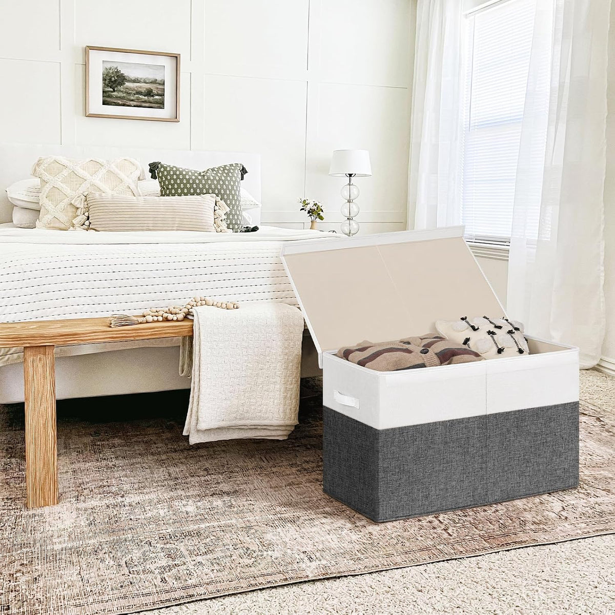 INDRESSME 85L Large Toy Storage Box with Lid & Dividers, Grey & White
