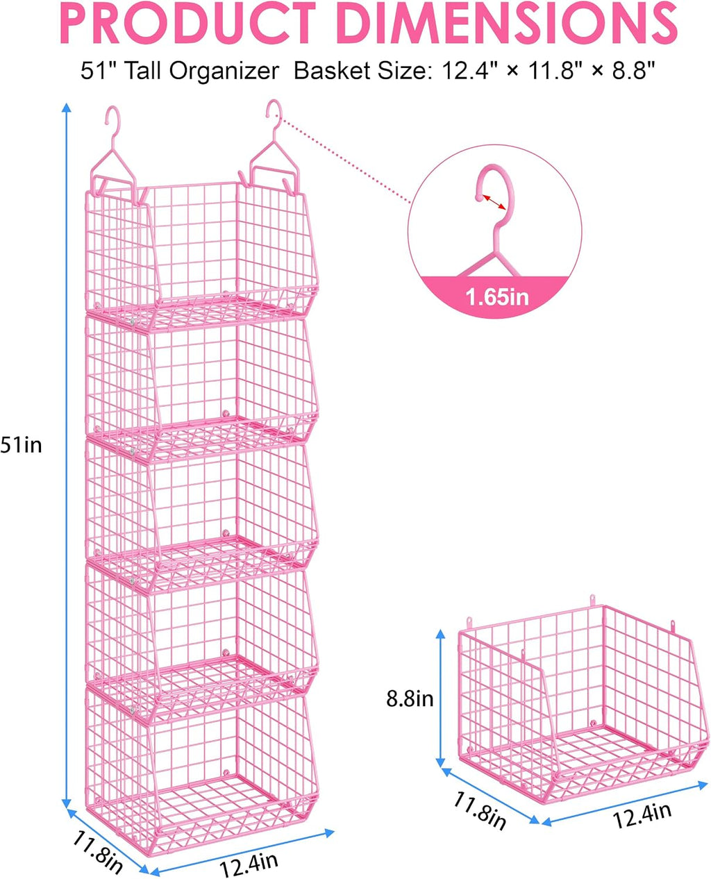 5 Tier Closet Hanging Organizer, Clothes Hanging Shelves with 4 Hanging Hooks 5 S Hooks, Wire Storage Basket Bins, for Clothing Sweaters Shoes Handbags Clutches Accessories Patent Design-Pink
