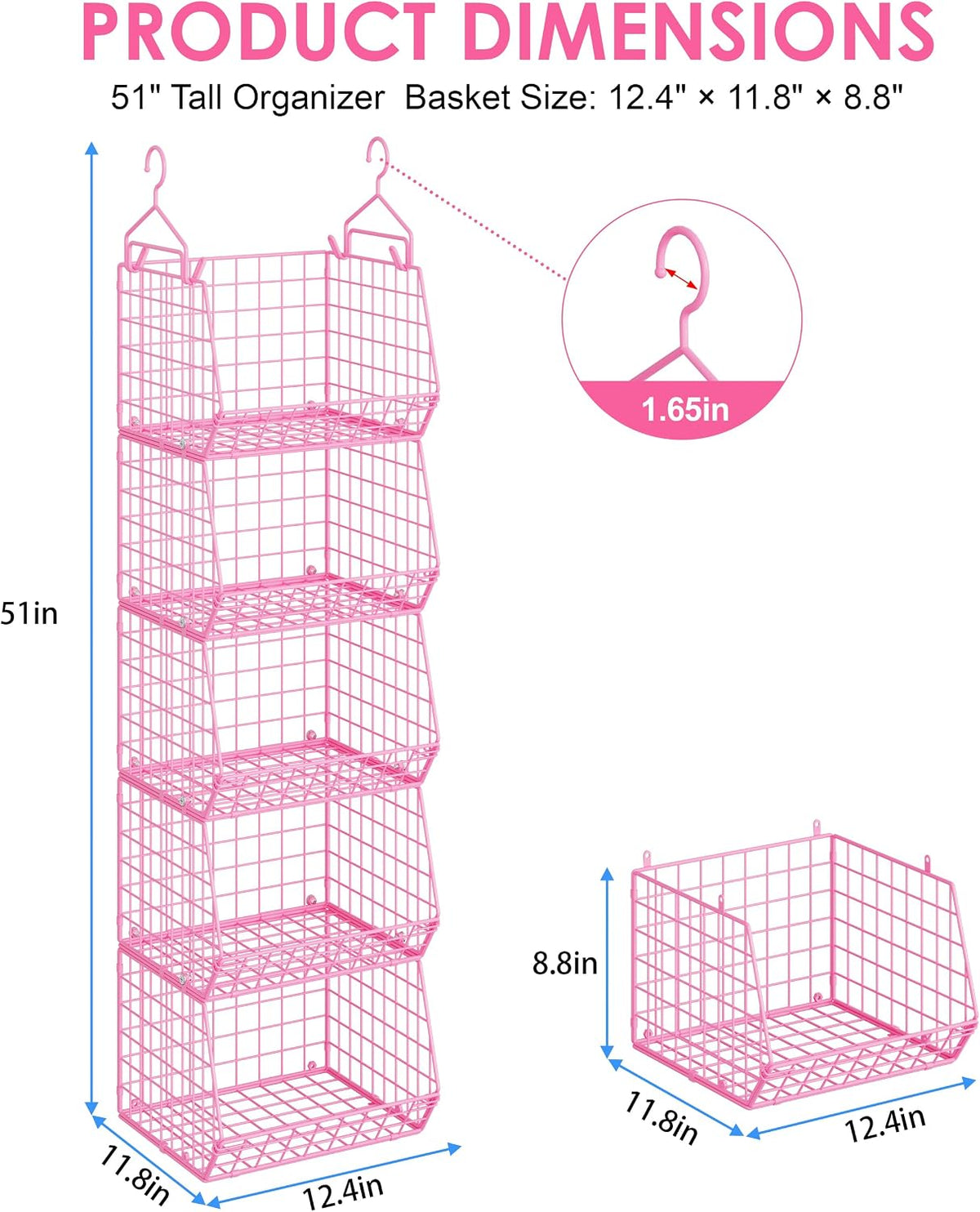 5 Tier Closet Hanging Organizer, Clothes Hanging Shelves with 4 Hanging Hooks 5 S Hooks, Wire Storage Basket Bins, for Clothing Sweaters Shoes Handbags Clutches Accessories Patent Design-Pink