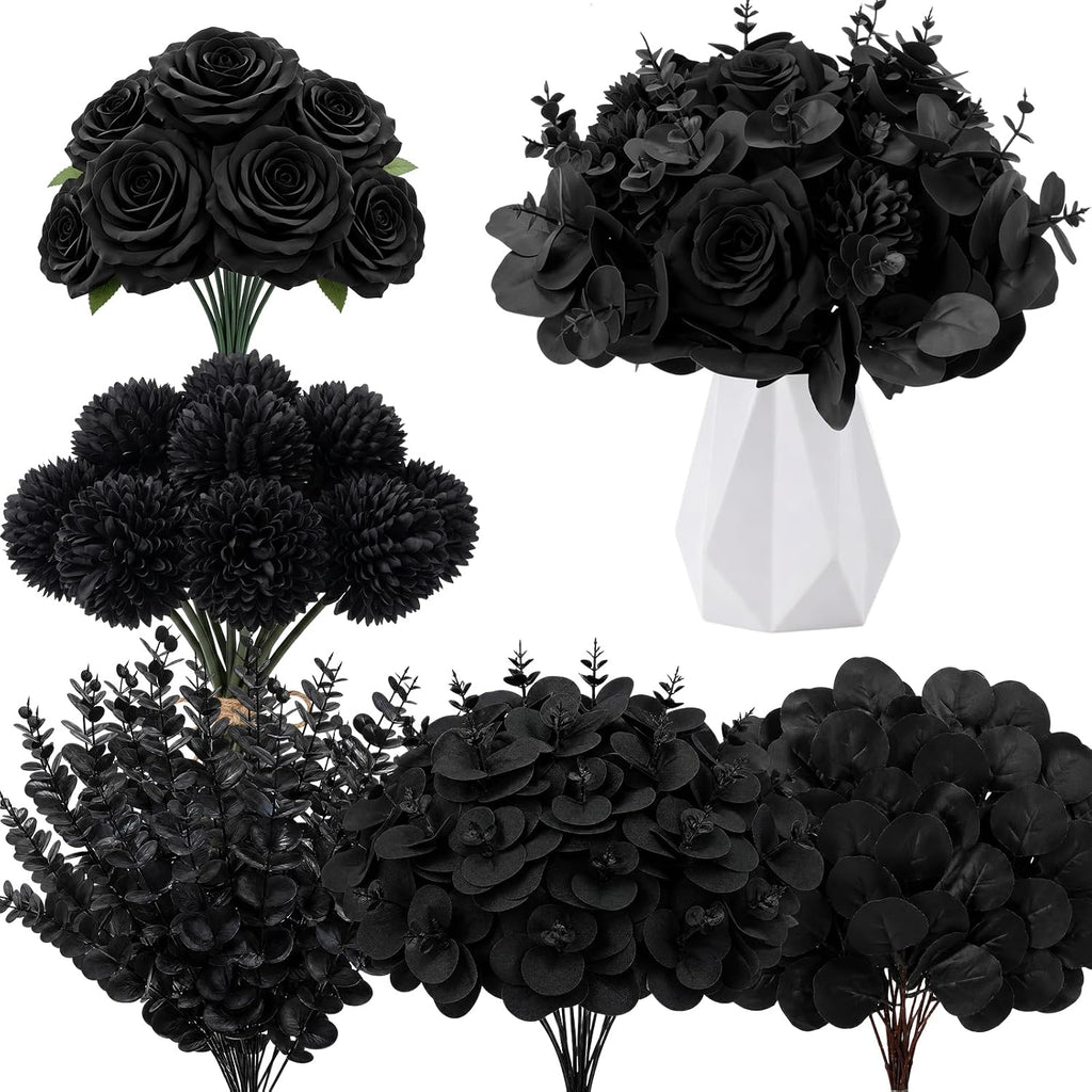 120 Pcs Black Artificial Eucalyptus Stems and Faux Flowers, Halloween