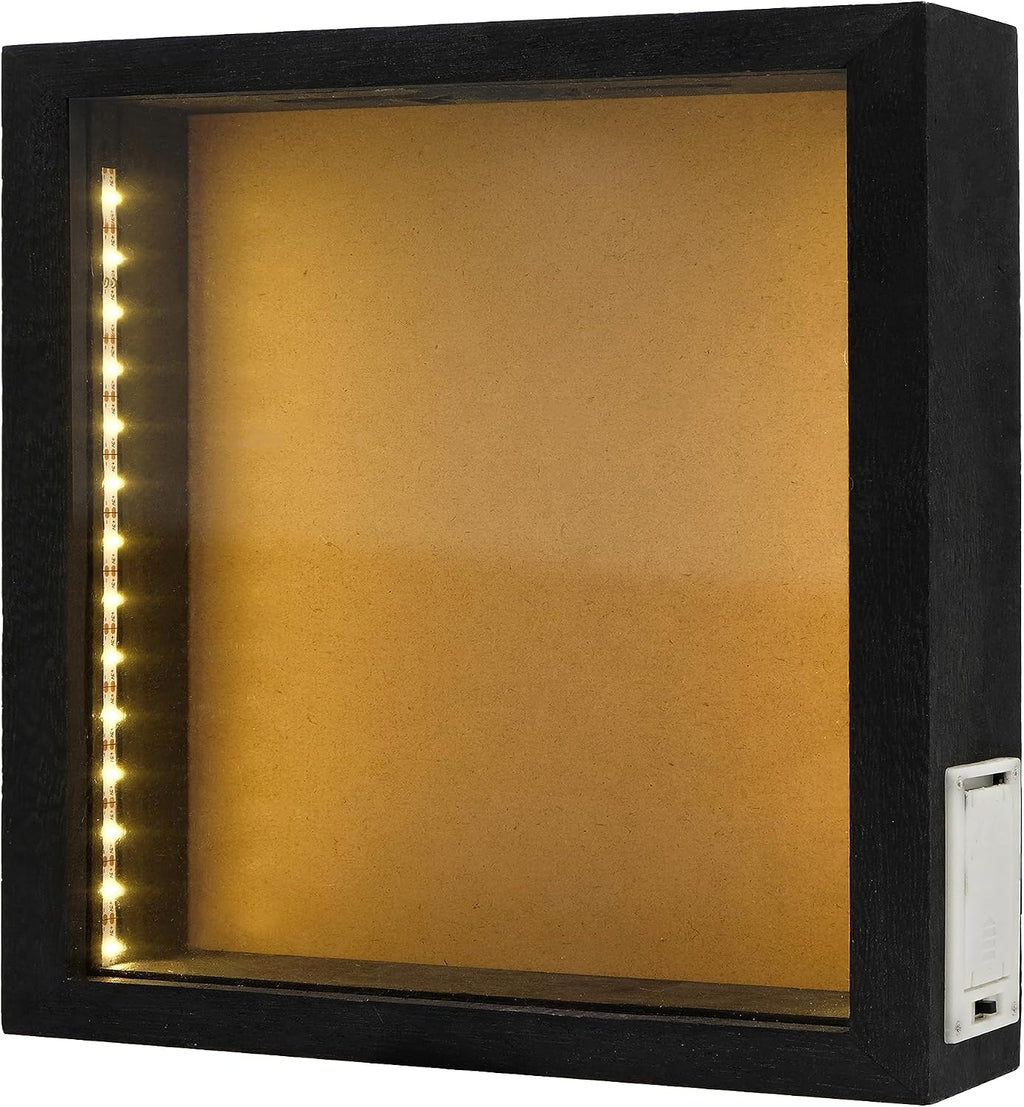 10"x10" Shadow Box Frame with Lights, Black Wood Memory Display Case with Slot for Wine Corks, Tickets, Photos, Wedding Keepsakes, DIY Crafts, Wall Decor