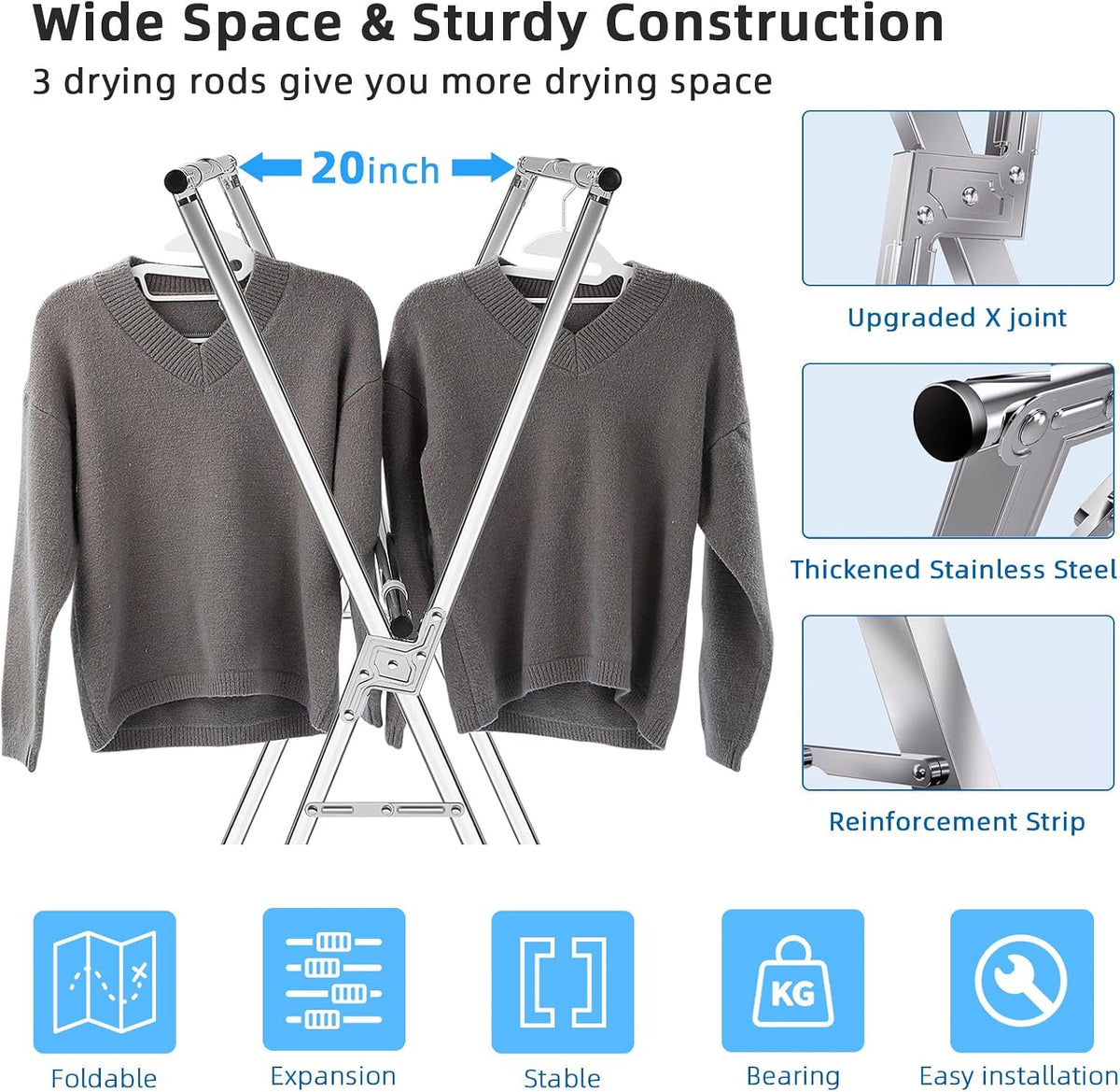 funest Drying Rack Clothing, 79 Inches Adjustble & Foldable Laundry Drying Rack, Heavy Duty Stainless Steel Clothes Drying Rack with 20 Hooks, 12 Clips, Suitable for Indoor, Outdoor and Balcony
