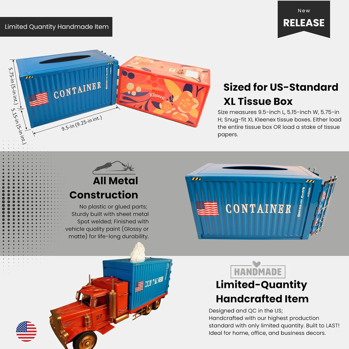 Shipping Container Tissue Box Cover – Sturdy All-Metal Construction, Fits XL US Tissue Boxes – Industrial Decor for Homes, Offices, Restaurants & Man Caves (Blue)