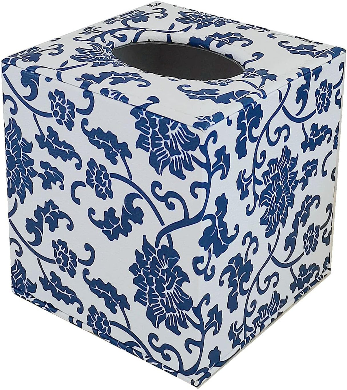 S Forever Home Decor Flower Pattern Faux Leather Tissue Box Cover (Square,Blue and White Porcelain)