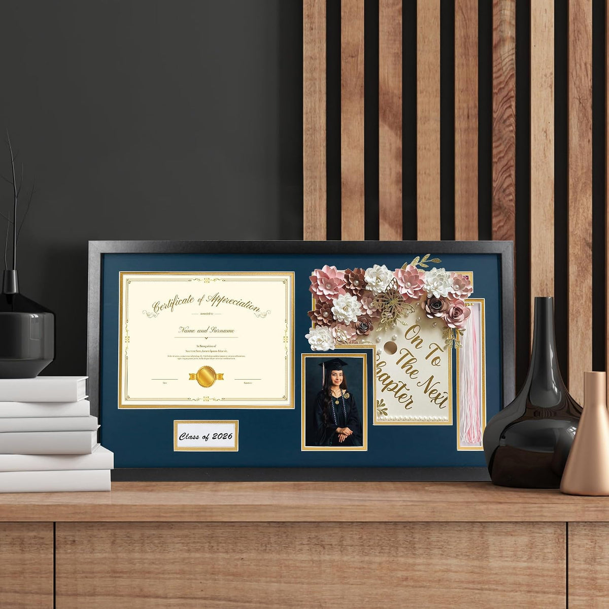 14x26 Black Shadow Box Diploma Frame with Graduation Cap & Tassel Holder for 8.5x11 Diploma and 4x6 Photo with MDF Wood and Plexiglass, Navy Over Gold Mat for Wall, Graduation Keepsakes
