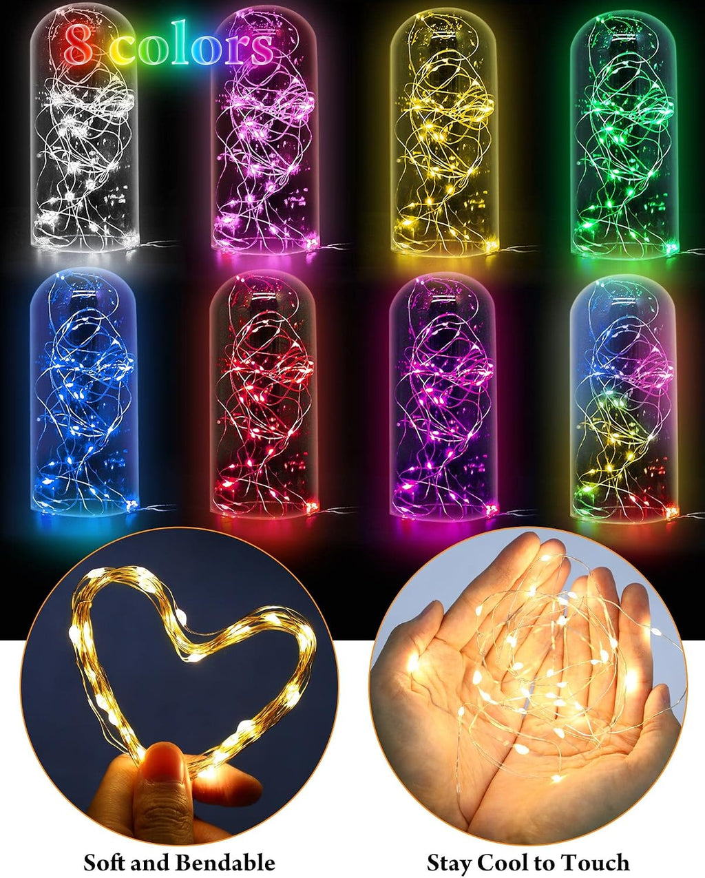 Riakrum 7ft 20 Fairy Lights Battery Operated [3 Styles], LED String Lights Bulk Waterproof String for Christmas Mason Jars Wedding Engagement Party Decorations Table Centerpiece(Colorful,50 Pack)