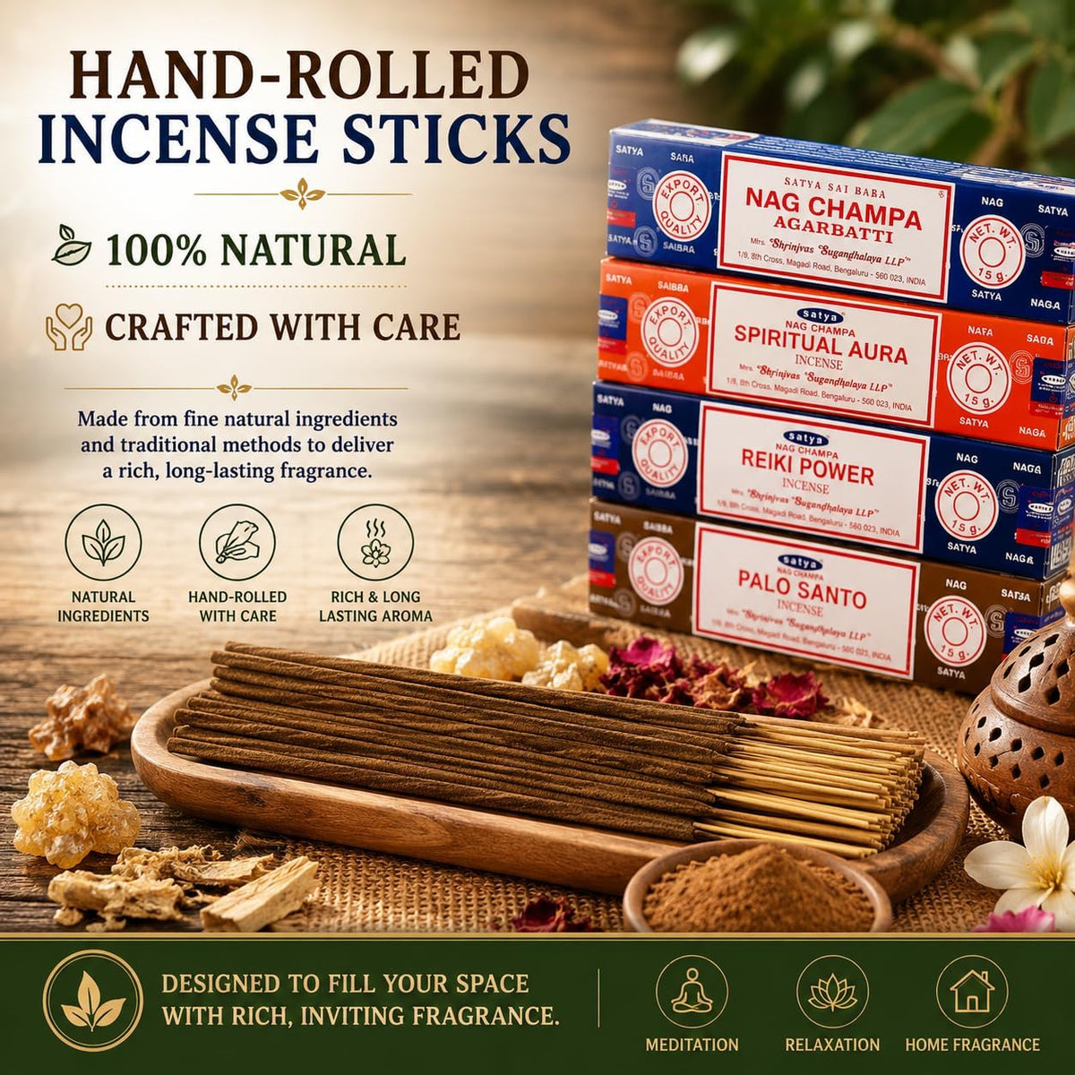 Satya Incense Sticks Set of 12 - Nag Champa, Palo Santo, Rose, Jasmine