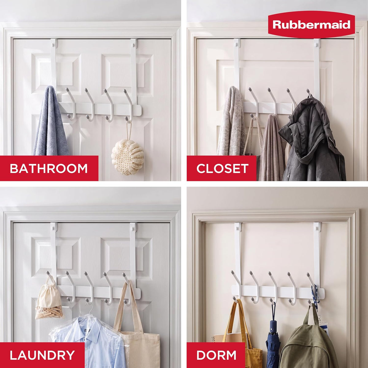 Rubbermaid Over the Door Hook Rack with 5 Double Hooks, No Drill Needed, for Towels, Robes, Hanging Accessories in Bathroom, Bedroom, Closet, Dorm, White