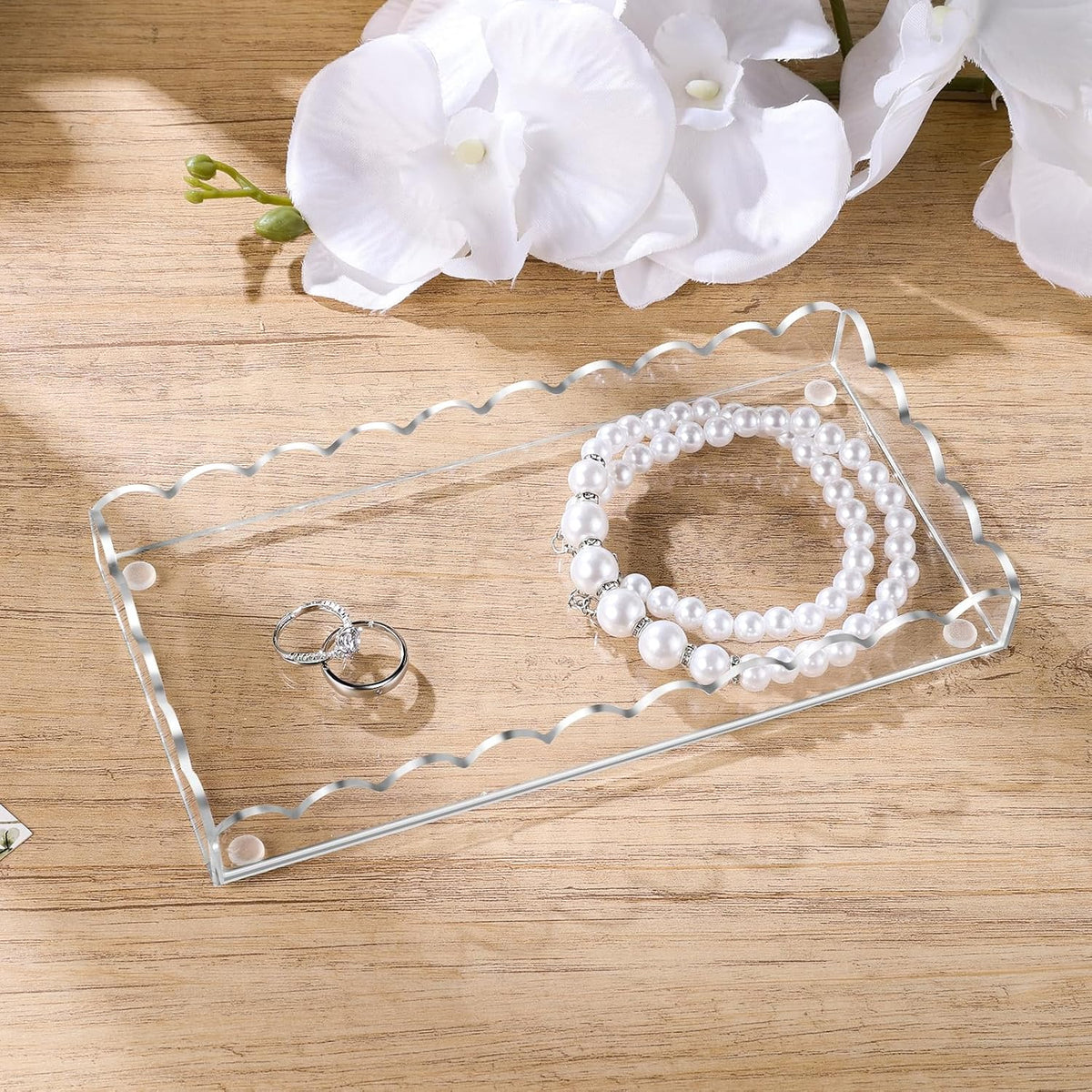 Acrylic Bathroom Vanity Tray 7.9", Soap Dispenser Decorative Scalloped Tray