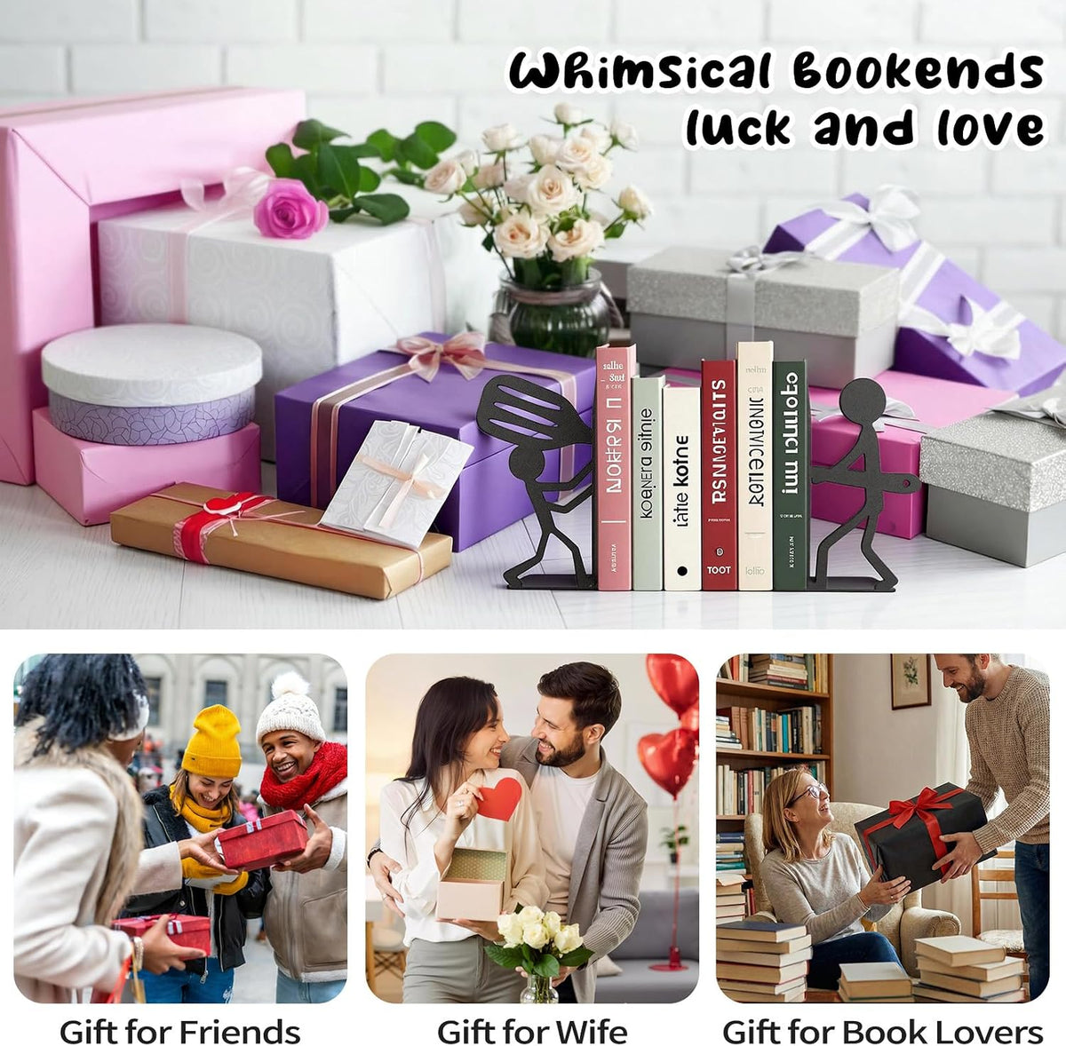 ENCIMART People Bookends Decorative Cute Metal Book Ends for Shelves